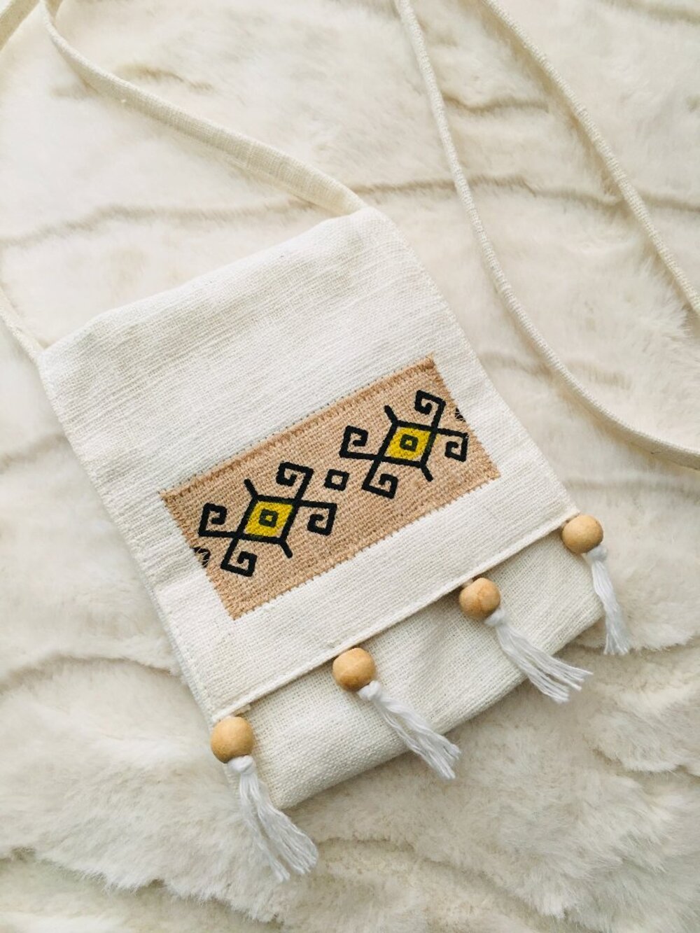 90s Handmade Turkish Kilim Bag Cream Woven Crossbody Purse